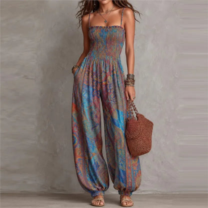 Sexy Sleeveless Backless Jumpsuit Women's 2026 Summer Boho Wide Leg Printed Loose Long Pants Jumpsuits Vacation Party Clothing