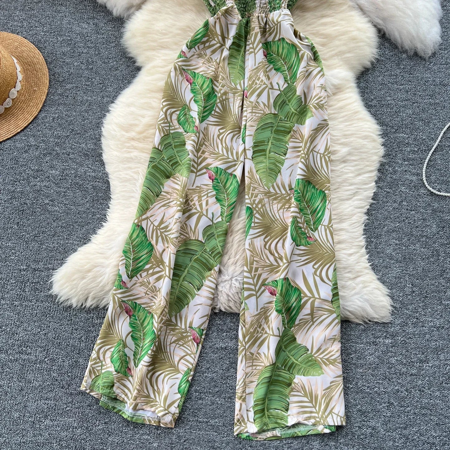 2024 New Summer Sexy Bohemian Leaf Print Jumpsuits Women Sleeveless Sexy Long Jumpsuit Mujer Casual Holiday Beach Rompers