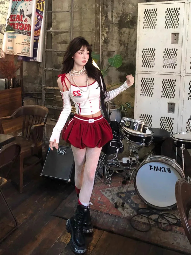 America Sexy Spicy Girl 2 Piece Sets Women Lace-up Vintage Crop Tops + Red Y2k Chic Mini Skirt Female Lace Elegant Set Autumn