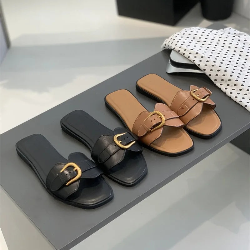 Slippers for Woman 2025 Summer Beach Flats Ladies Buckle Slides Gladiator Sandals Luxury Leather Mules Zapatos Mujer