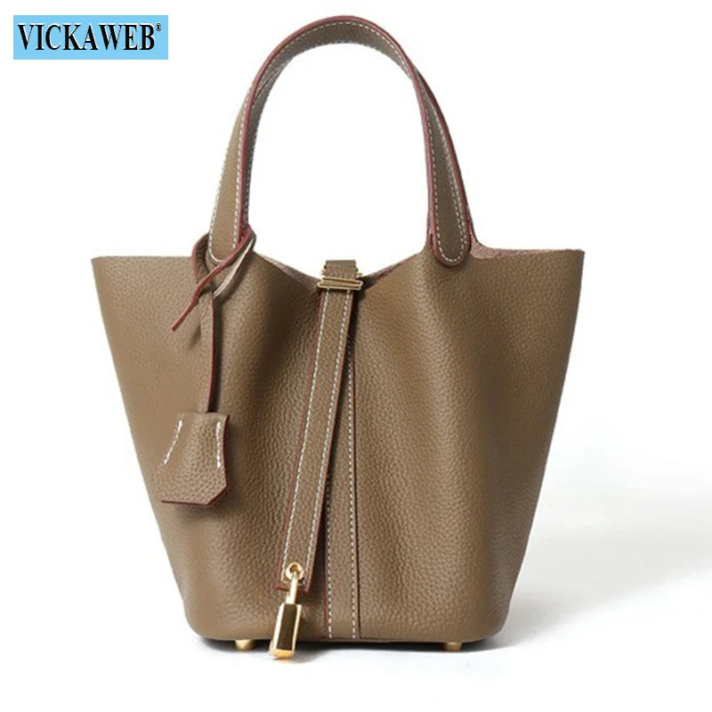 Women Tote Bags 100% Genuine Leather Bucket Female Fashion Solid Designer Shopper Shoulder Handbags Brand Trend Purses
