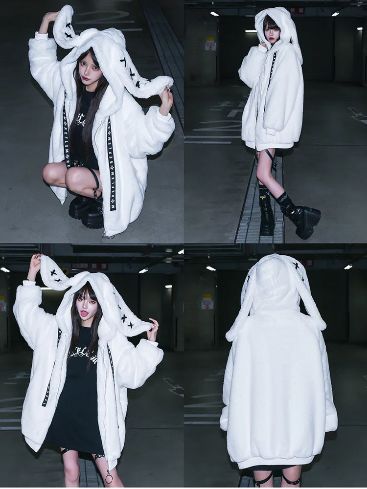 Mauroicardi Autumn Winter Sweet Cute Kawaii Soft Thick Warm Black Faux Fur Coat Women with Bunny Ears Cute Fluffy Jacket Hoodie