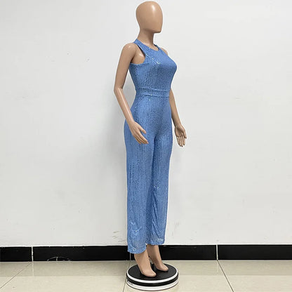 Bling Bling Sequined Club Jumpsuit Sexy Women O-neck Elegant Shiny Sliver Gold Sequins Straight Romper Overalls