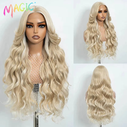 Magic Synthetic Lace Front Wigs For Women 30" Long Body Wave Lace Wig Ombre Blonde Highlight Cosplay Wigs Heat Resistant