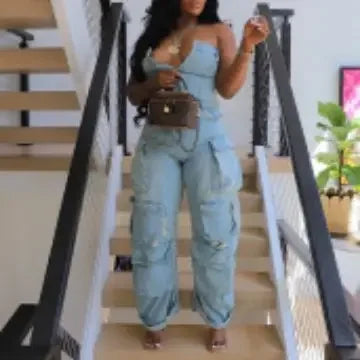 Jumpsuits Women Sexy One Piece Strapless Sleeveless Single Breasted Multiple Pockets High Waist Overalls Streetwear Trousers