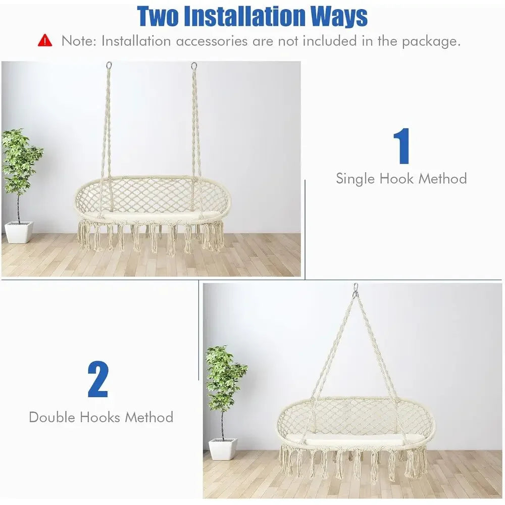 2-Seat Hammock Chair with Cushion, Cotton Ropes, and Metal Stand,440 lbs, Ideal for Indoor or Outdoor Swinging
