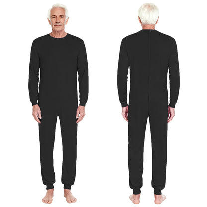 Adult Unisex Elderly Anti-Strip Adaptive Jumpsuit Solid Color Crew Neck Long Sleeve Back Zipper Rompers Special Needs Clothing