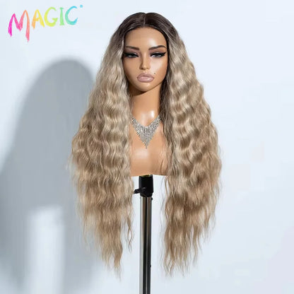 Magic Synthetic Lace Front Wig Long Deep Wavy 30 Inch Ombre Blonde Ginger Lace Wigs For Black Women Heat Resistant Cosplay Wigs