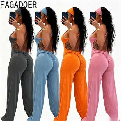 FAGADOER Fashion Solid Color Off Shoulder Halter Jumpsuits Sexy Back Hollow Out Ruched Rompers Casual Sports Fitness Playsuits