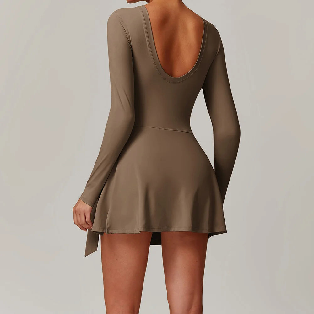Romper Backless Set Long Sleeved Gym Sports Fitness Bodysuit Siamese Sportswear Women Clothes Jumpsuit Skirt Playsuit Yoga Suit