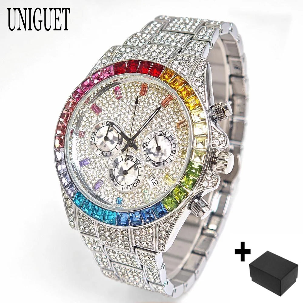 Hot Sell Fashion Gold Watch For Men Brand UNIGUET Hip Hop Rainbow Diamond Shiny Jewelry Quartz Wristwatch Male Dropshipping