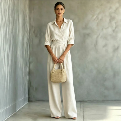 Women's Mid-sleeve Shirts Jumpsuits Spring Summer New 2026 New Fashion Elegant Waisted Lace-up Wide-leg Trousers Female Rompers