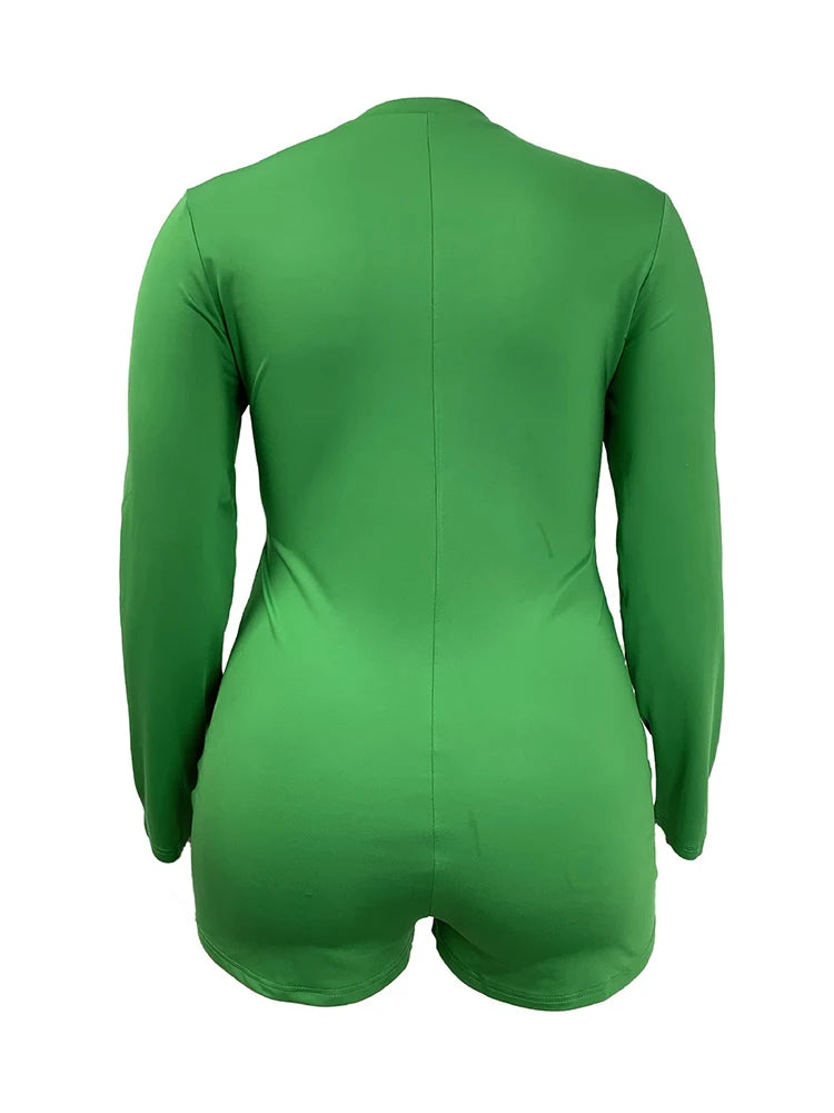 Summer Sexy Playsuit Ladies Skinny Solid Fashion Long Sleeves Slim Green Jumpsuit Shorts Woman Plus Size Zipped Jumpsuit