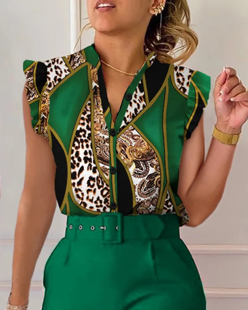 Women's Sleeveless V Neck Top Leopard Paisley Print Blouse Button Front Ruffle Shoulder Shirt For Casual Office Daily Wear