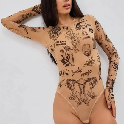 Skin Color Unique Design Sense Pattern Printed Round Neck Slim Fit Sexy Spring Autumn Long Sleeved Tight Fitting Bodysuit Womens