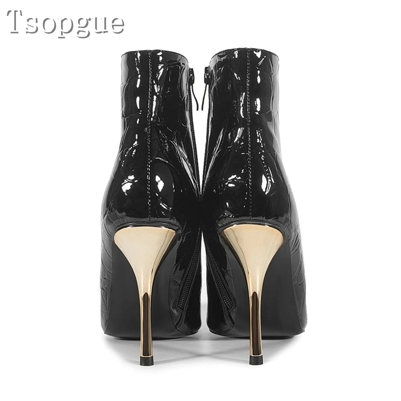 Desinger New Black Patent Leather Women Ankles Boots Pointed Toe Golden High Heels Sexy Short Boots Fashion Runway Show Shoes