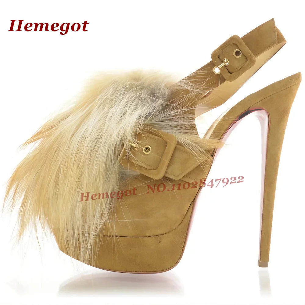 Fluffy Fur Platform Buckled Sandals Round Toe Stiletto High Heels Slingback Women's Sandals Side Air Autumn Suede Patchwork Shoe