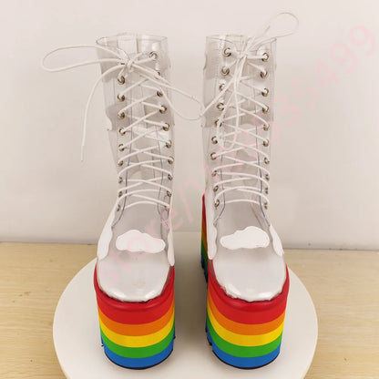 Rainbow Thick Sole Clear Pvc Short Boots 2025 New Round Wedge Heel Street Punk Cross-Lace Stage Boots Fashion Party Casual Boots