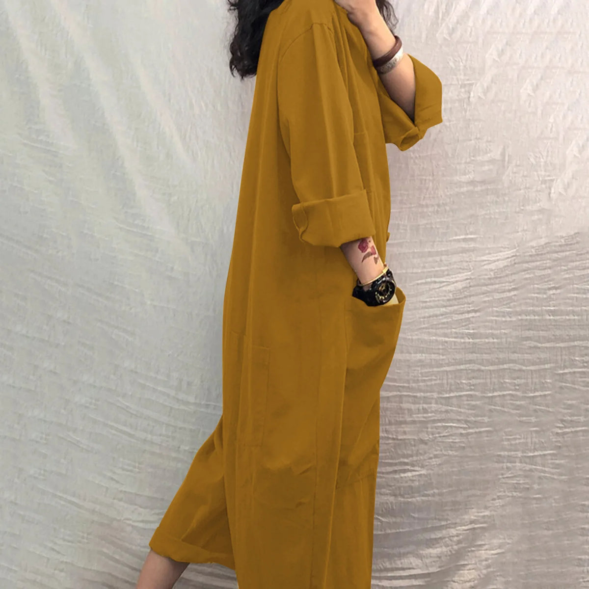 Solid Color Casual Loose Pocket Jumpsuit Women New Fall Simple Long Sleeve Shirt Female Vacation Rompers Fashionable Streetwear