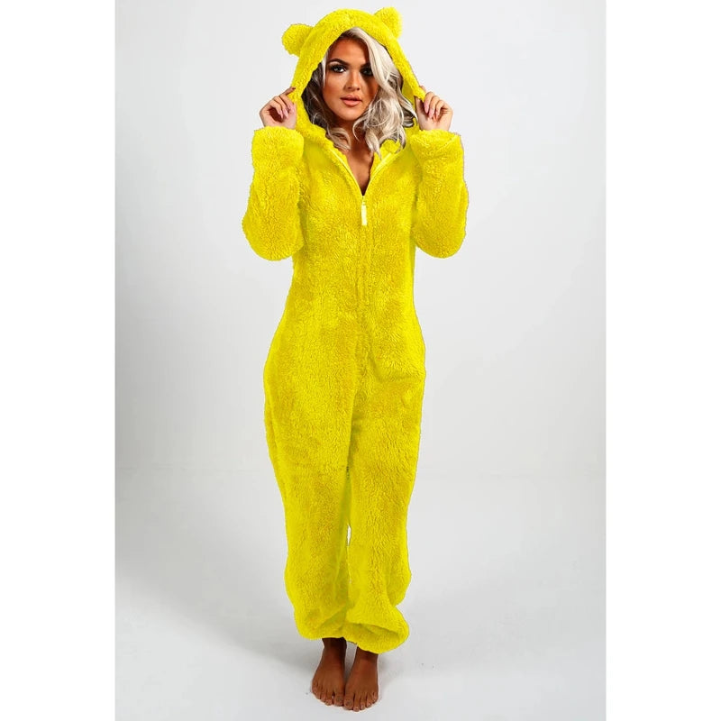 Women's Fleece Oneseies Zip Up Hooded Pajamas Rompers Cozy Sleepwear Pyjamas Autumn Winter Warm Loungewear Jumpsuit