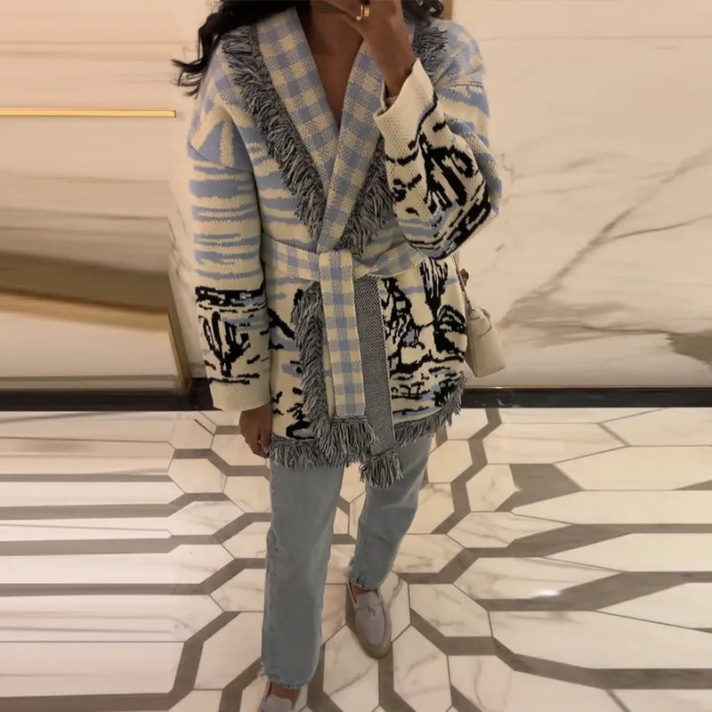 Casual Print Knit Cardigan Women V Neck Long Sleeves Tassels Belts Loose Sweater Female 2026 Autumn Winter Chic Warm Knitwears