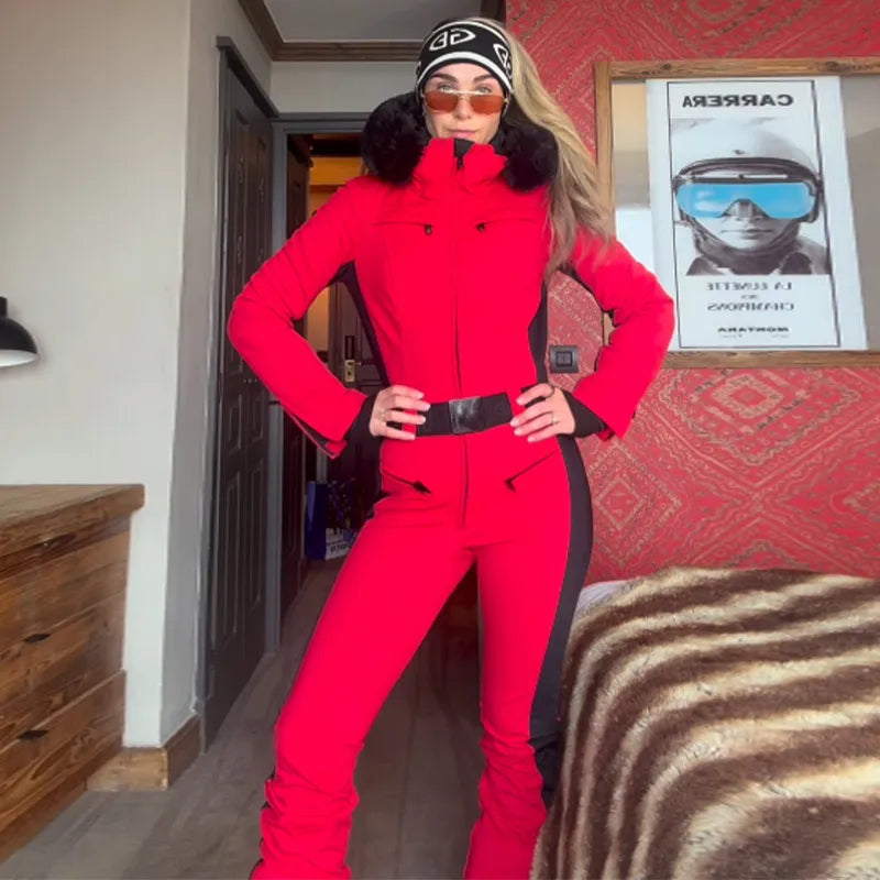 Chic Faux Fur Patchwork Women's Ski Jumpsuit High Wait Belt Zippers Pocket Lady Ski Wear 2025 Winter Spring Female Romper