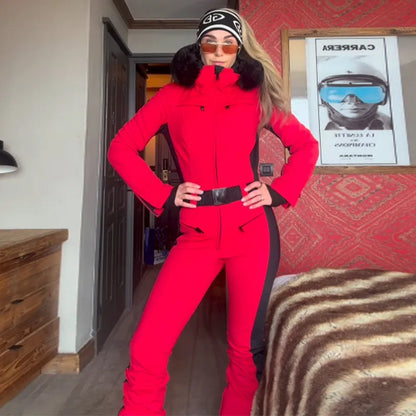 Chic Faux Fur Patchwork Women's Ski Jumpsuit High Wait Belt Zippers Pocket Lady Ski Wear 2025 Winter Spring Female Romper