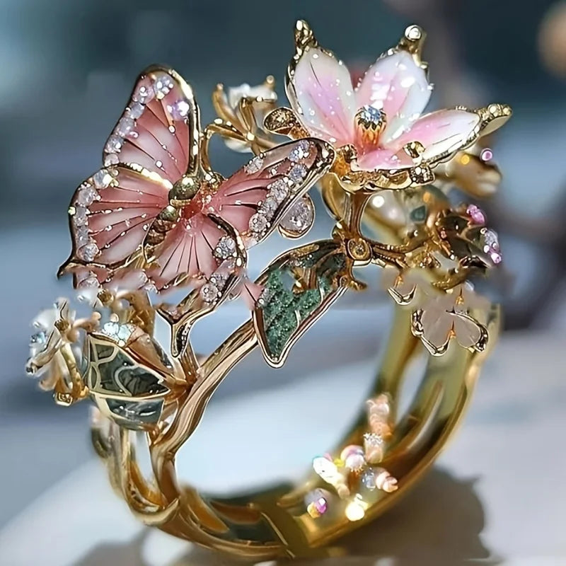 Aesthetic Flower Butterfly Rings for Female Romantic Rhinestone Stylish Non-fading Opening Ring Women Wedding Jewelry Party Gift