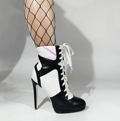 Women High Heel Black White Sports Ankle Boots Slim High Heel Lace Up High Top Sport Boots Plus Size 43
