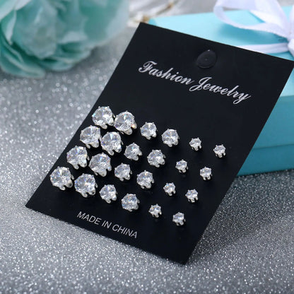 12 Pairs Of Stud Earrings Set Inlaid Round Zircon Elegant Ear Piercing Jewelry Decoration Party Favors for Men Women Daily Wear