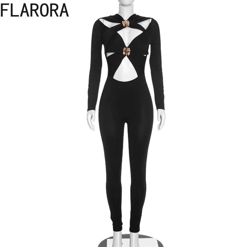 FLARORA Sexy Hollow Out Jumpsuits Woman Trend Metal Buckle Decoration Full Sleeve Skinny Peach Hip Party Club Street Overalls