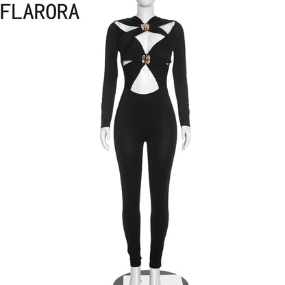 FLARORA Sexy Hollow Out Jumpsuits Woman Trend Metal Buckle Decoration Full Sleeve Skinny Peach Hip Party Club Street Overalls