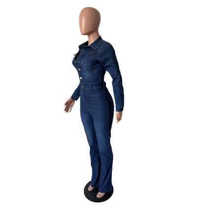FAGADOER Fashion Denim Elastic Flared Pants Jumpsuits Women Turndown Collar Button Long Sleeve Playsuits Female Cowboy Overalls