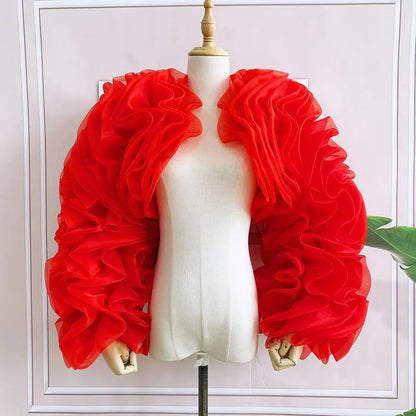 Puff Black Tulle Long Sleeves Jacket Girls Exaggerated Bolero Coat Dark Red Matching Evening Dress Women Formal Elegant Wrap