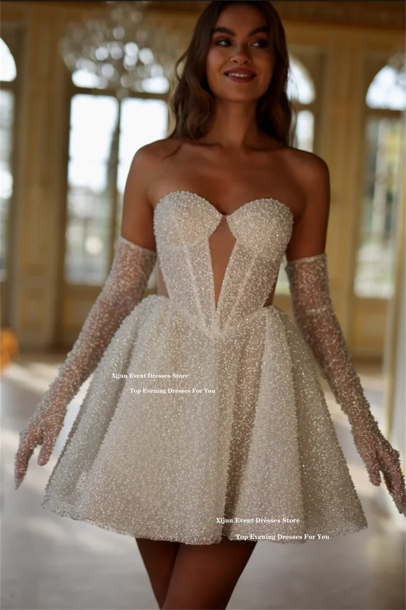 Xijun Glitter Short Wedding Dresses Sweetheart Sleeveless A-Line Prom Gown Formal Event Cocktail Birthday Party Dress Customized
