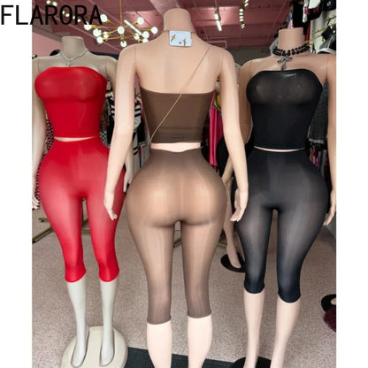 FLARORA Sexy Mesh See Through 2 Piece Sets Woman Strapless Sleeveless Crop Tops And Skinny Capri Pants Midnight Party Club Suits