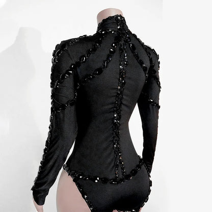 Drag Queen Outfit Sparkly Black Hollow Sexy 2 Piece Crystal Women Evening Prom Celebrate Birthday NightClub Performance Costume
