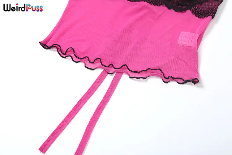 Weird Puss Patchwork Lace 2piece Sets Woman Summer Sexy Fungus Trim Spaghetti-Strap Tops+Chic Tierred Pants Party Skinny Outfits