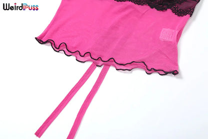 Weird Puss Patchwork Lace 2piece Sets Woman Summer Sexy Fungus Trim Spaghetti-Strap Tops+Chic Tierred Pants Party Skinny Outfits