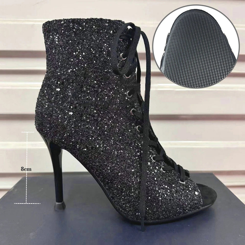 Dance Heels Champagne Black Sparkly Glitter Rubber Sole 10cm Professional High Heel Dance Shoes Salsa Women Dance Party Shoes