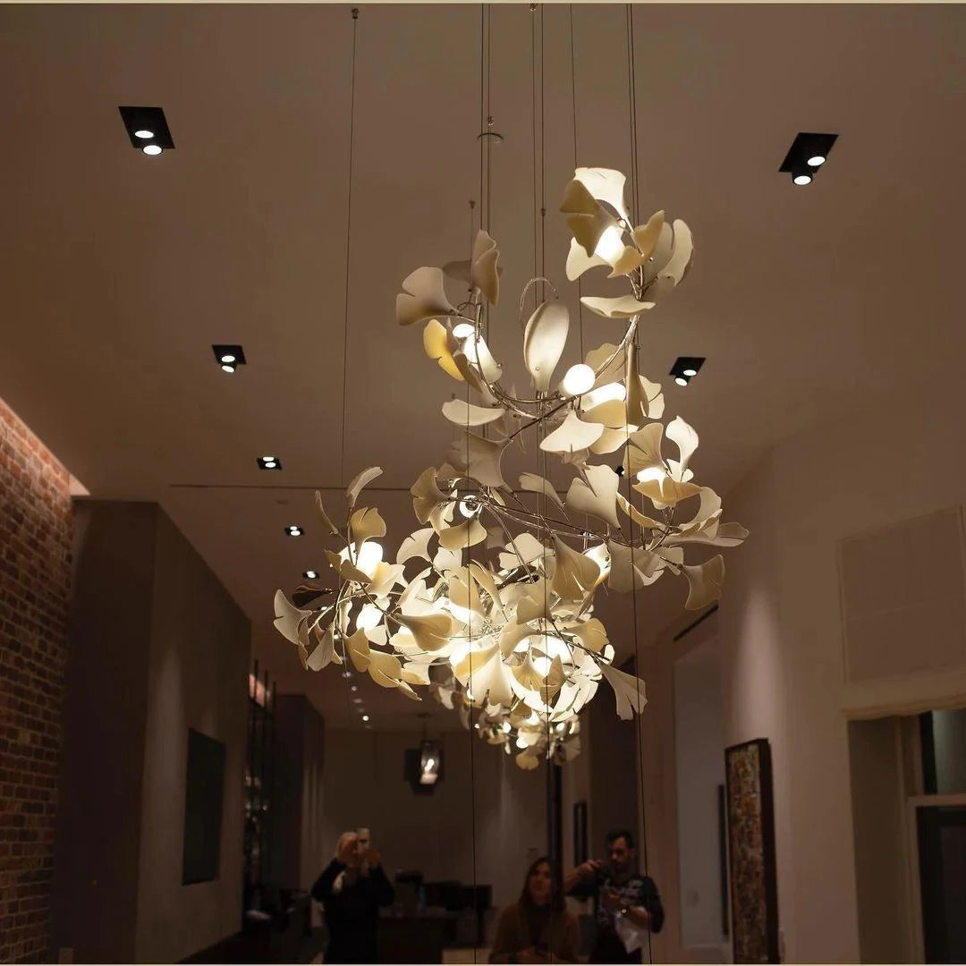 Ginkgo Leaves Loft Hanging Chandelier Light For High Ceiling Staircase Living Dining Room Modern White Porcelain Leaf Chandelier