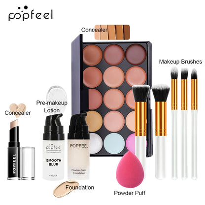 POPFEEL Face Makeup Kit, Waterproof and Sweatproof, Includes Concealer, Primer, Loose Powder, Blush, and More, Ideal for Beginne