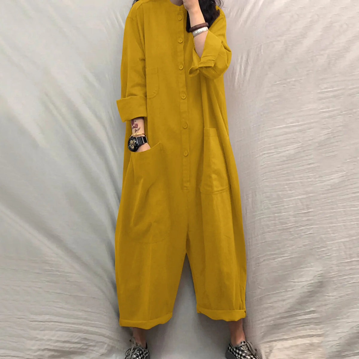 Solid Color Casual Loose Pocket Jumpsuit Women New Fall Simple Long Sleeve Shirt Female Vacation Rompers Fashionable Streetwear