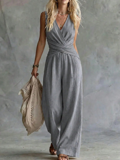 Fashion Light Blue Wide Leg Pants Jumpsuit Women's V-neck Sleeveless Cross Wrap Waist Design Rompers Summer Casual Jumpsuits