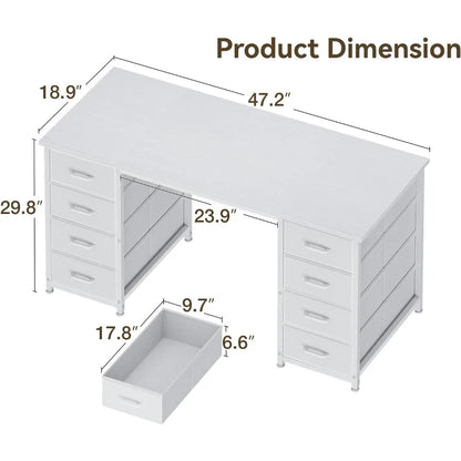 48 Inch White Computer Desk with 8 Fabric Drawers, Modern Office Desk for Home Office Study Gaming