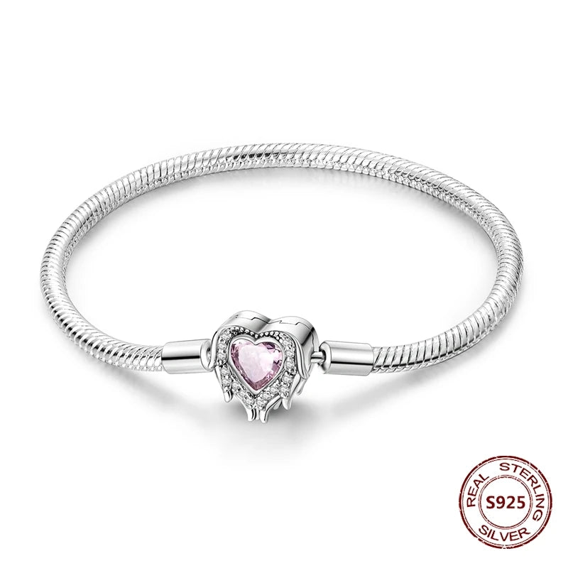 Silver 925 Bracelet Original Bracelets Colorful Zircon Heart Flower Cat Snake Chain For DIY Charms 17-20CM Luxury Jewelry Gifts