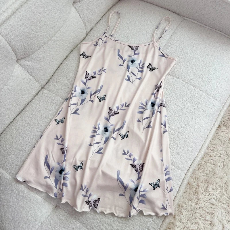 FINETOO Summer Teddy Bear Sleepwear Women Seamless Hearts Butterfly Floral Printed Sleeveless Ruffled Loungewear Cute Nightdress
