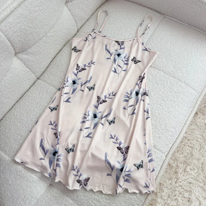 FINETOO Summer Teddy Bear Sleepwear Women Seamless Hearts Butterfly Floral Printed Sleeveless Ruffled Loungewear Cute Nightdress