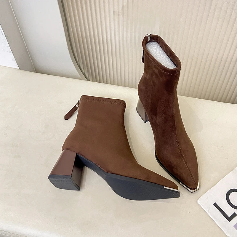 Winter Women Thick Heel Ankle Boots Fashion Pointed Toe Mordern Short Booties Street Style Party Stripper Female Shoes