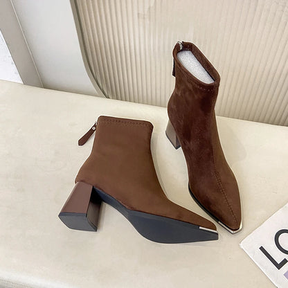 Winter Women Thick Heel Ankle Boots Fashion Pointed Toe Mordern Short Booties Street Style Party Stripper Female Shoes